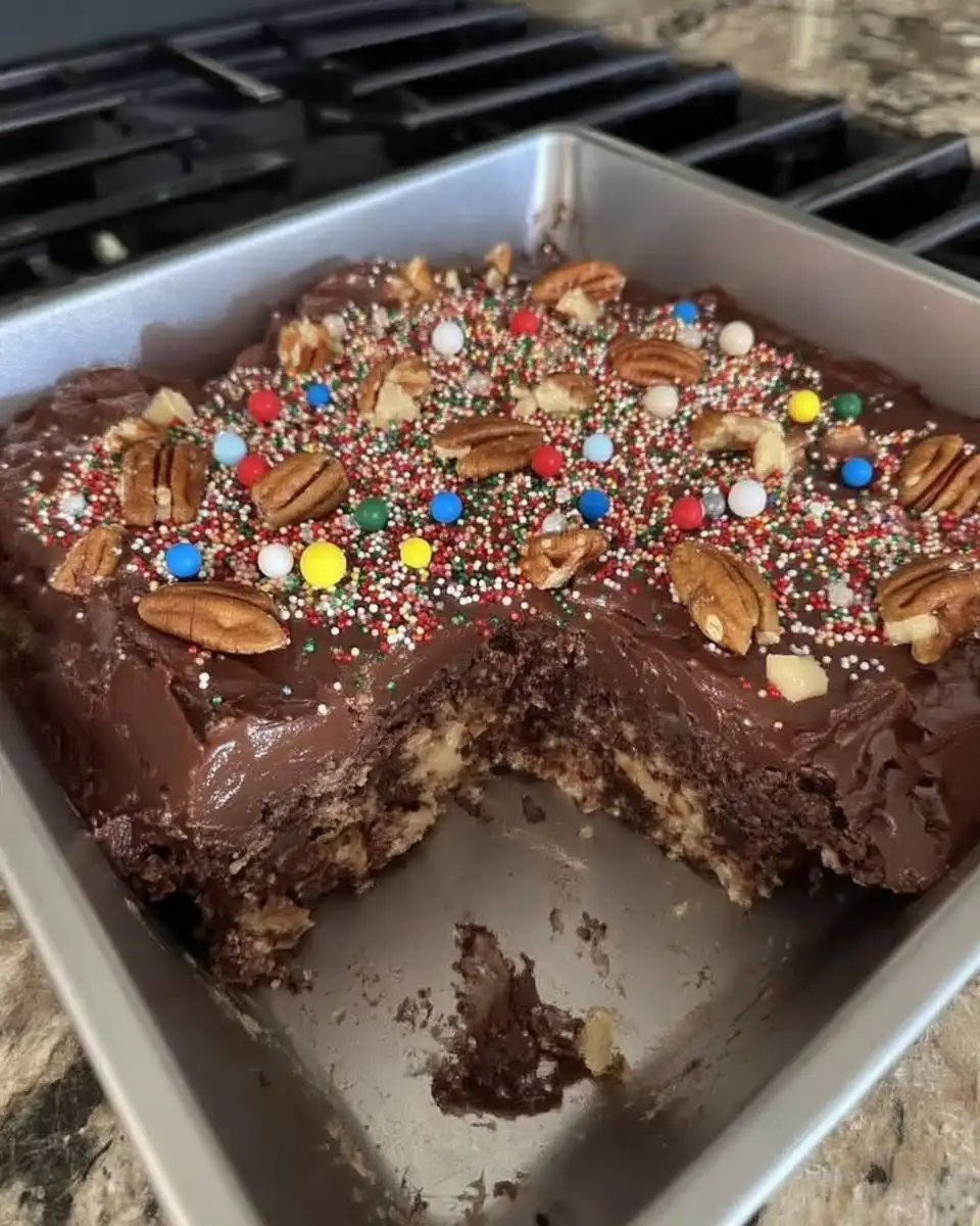 Pouring warm chocolate pecan icing over a baked sheet cake