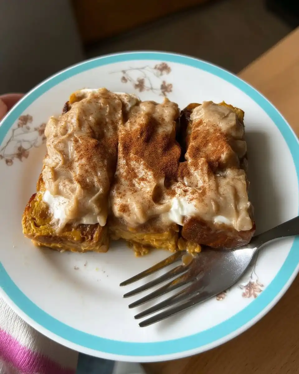 Pumpkin Spice Cake 10 Slice of moist pumpkin spice cake on a ceramic plate with autumn leaves in background