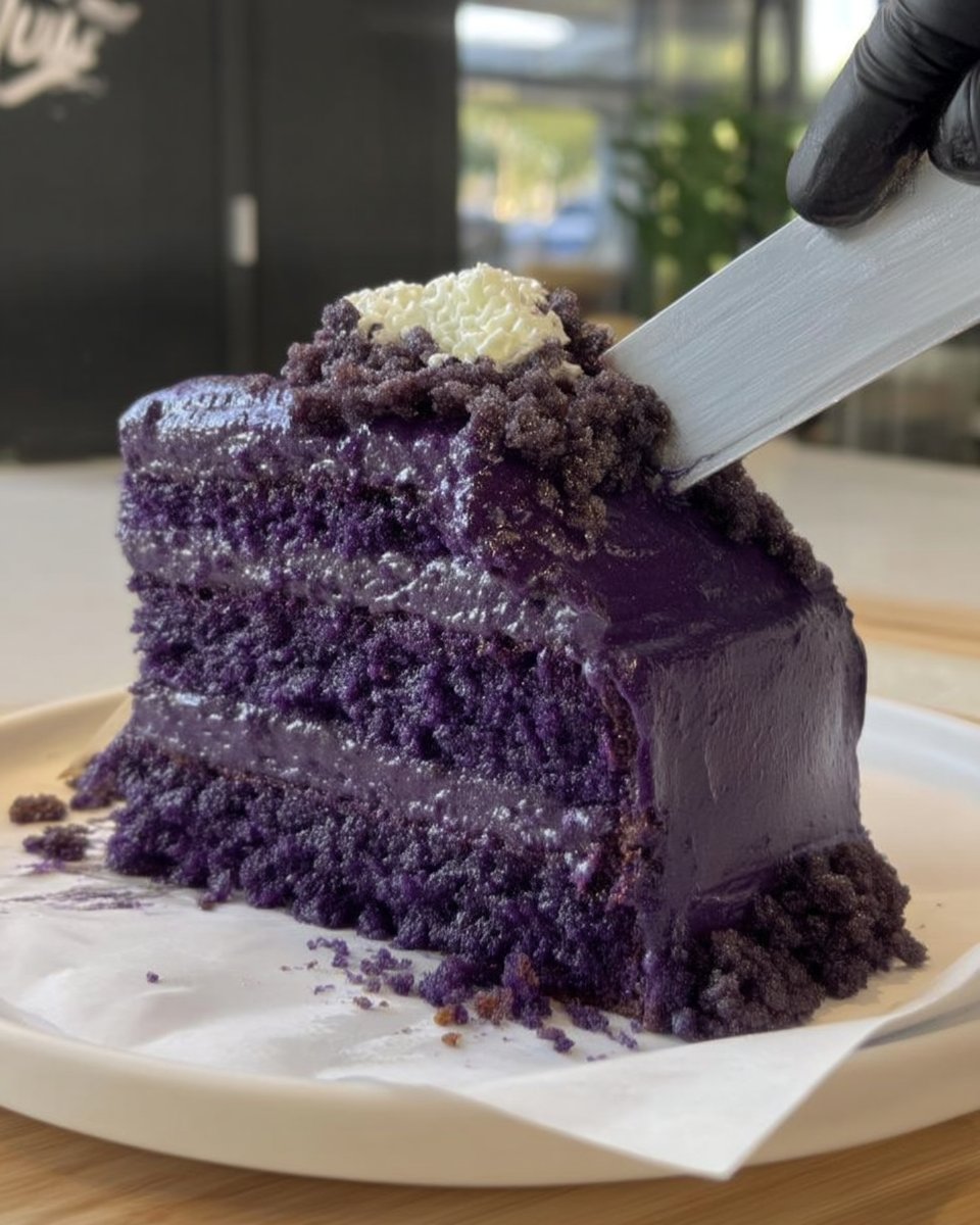 Slice of moist purple carrot cake on a white ceramic plate