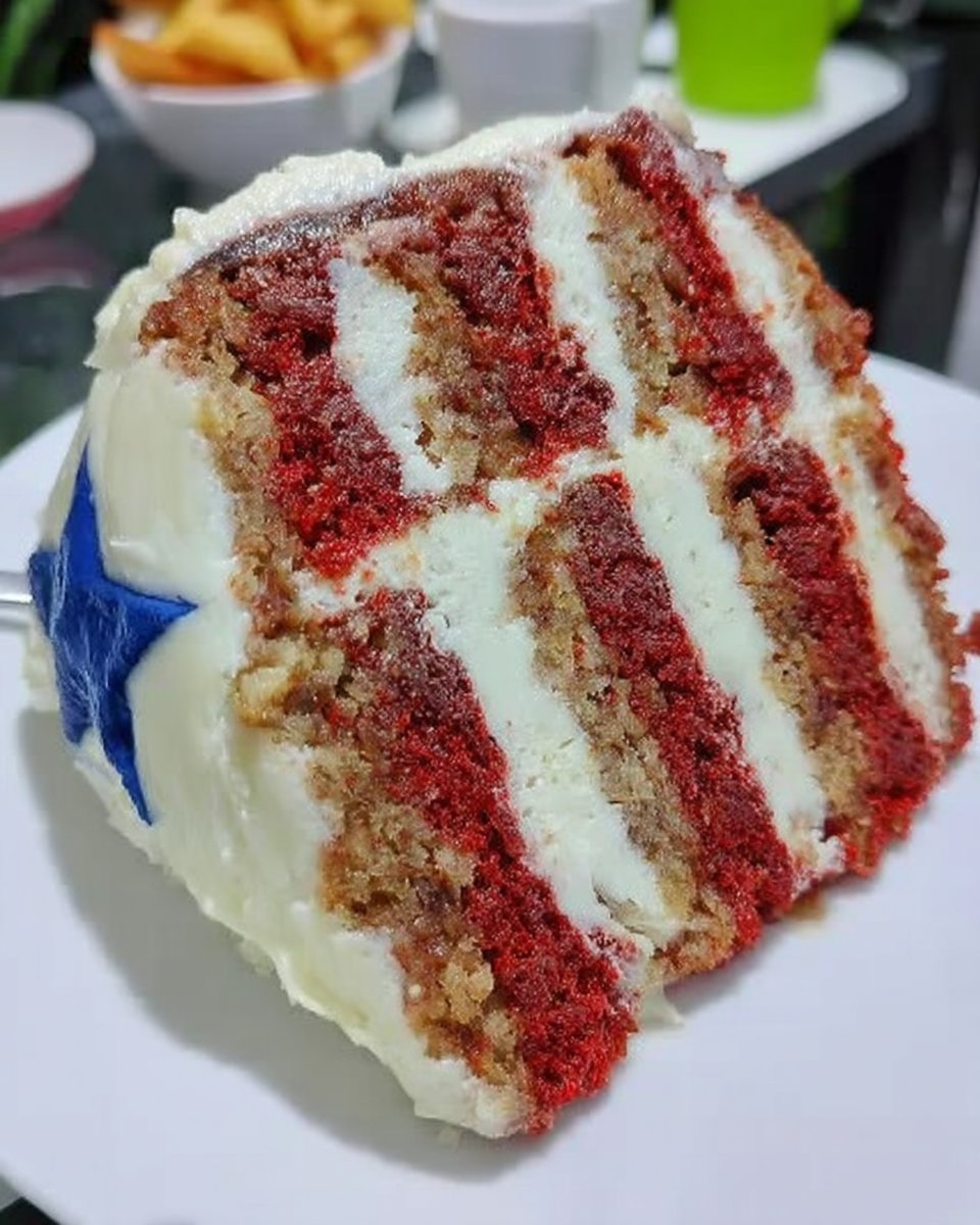 Red white and blue cake decorated with fresh strawberries and blueberries on a rustic table