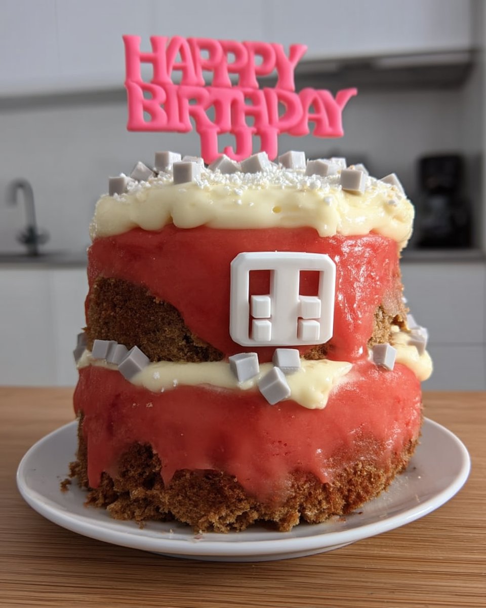A square layer cake decorated to look like a Roblox noob avatar