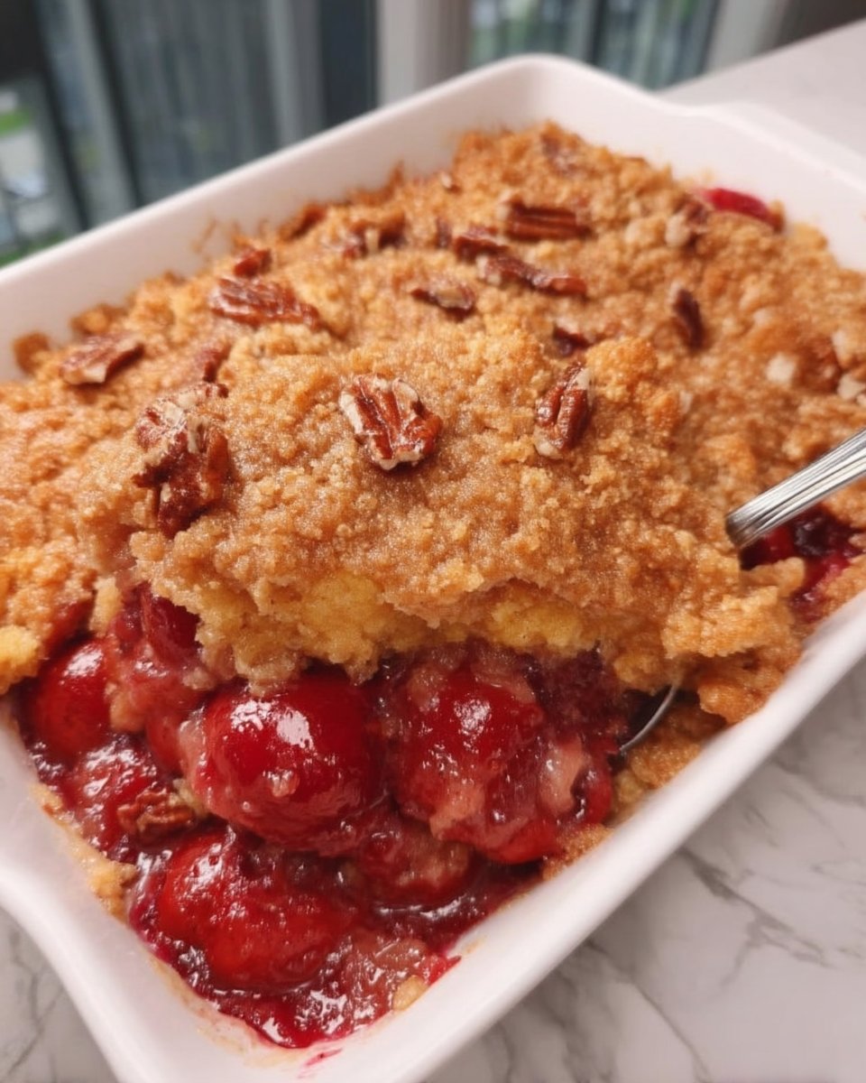 Golden brown 3 ingredient dump cake bubbling in a white baking dish