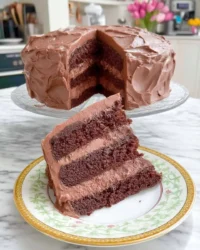 Slice of moist devil's food cake on a rustic ceramic plate