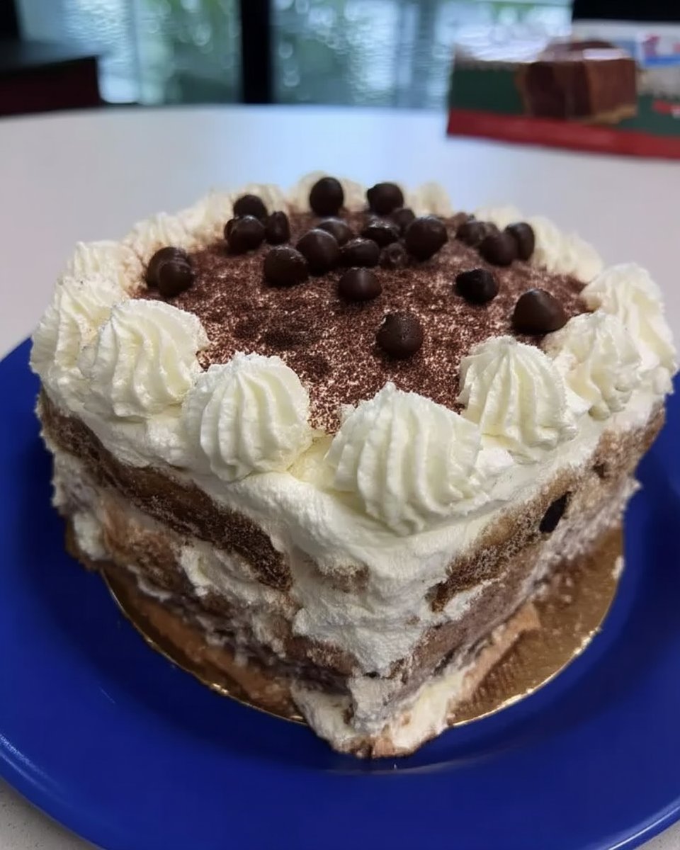 Rustic double chocolate layer cake with mascarpone ganache on a farmhouse table