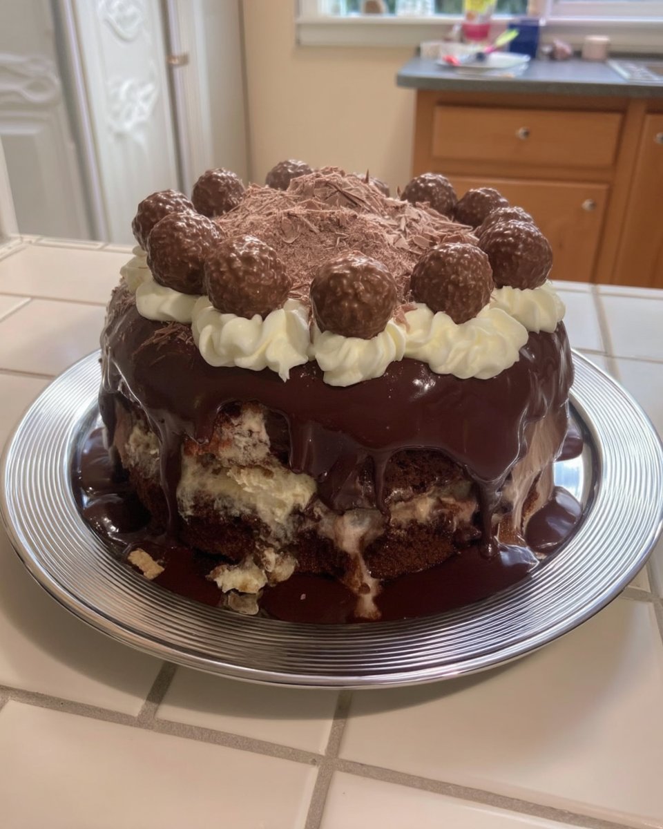 Slice of chocolate hazelnut cake with ganache drip on a plate