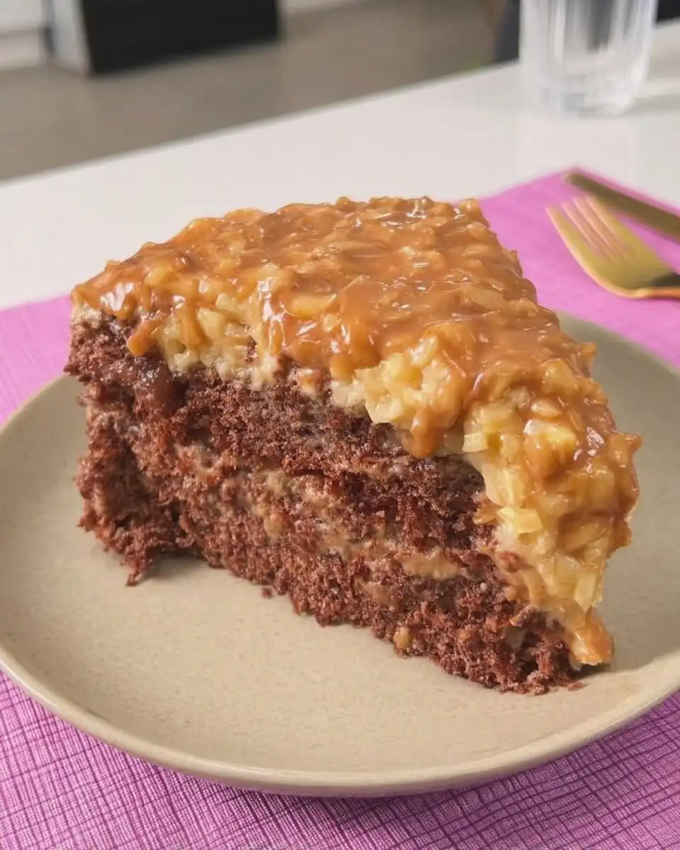 A slice of rustic German chocolate cake on a plate