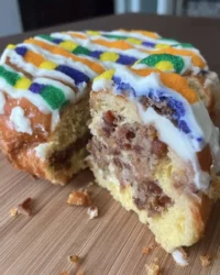 Rustic king cake decorated with purple green and gold sugar on a wooden table