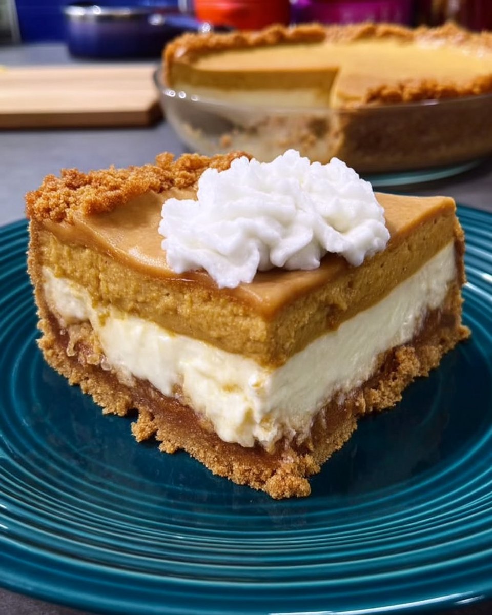 Slice of no-bake pumpkin cheesecake on a rustic plate with whipped cream