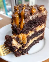 Whole rustic snickers cake with chocolate ganache drip and peanuts on a wooden table