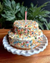 A rustic two-tier vanilla smash cake covered in colorful sprinkles