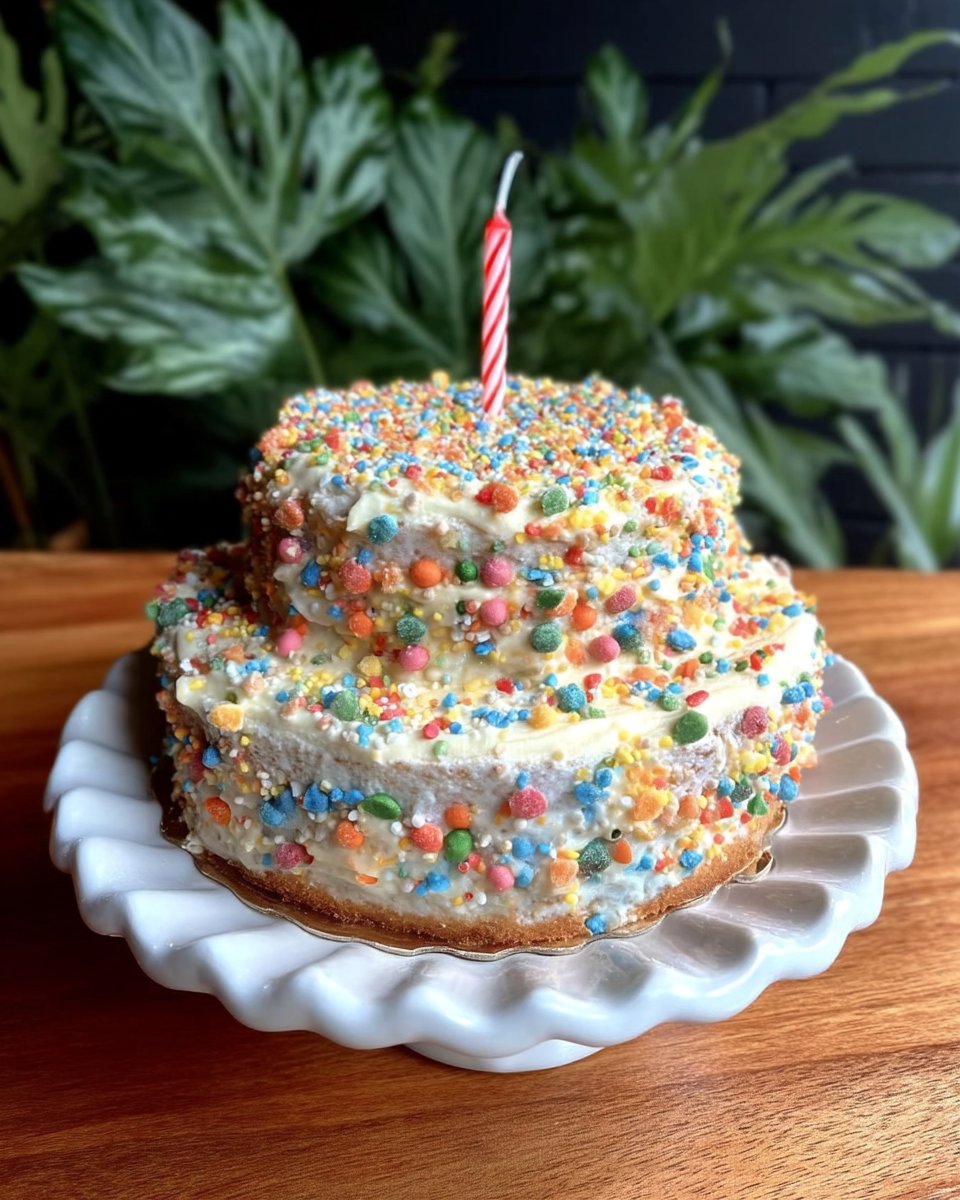 A rustic two-tier vanilla smash cake covered in colorful sprinkles