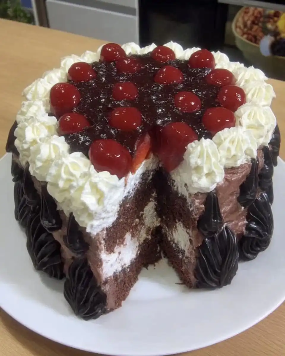 Black Forest Cake 14 Whole Black Forest Cake on a white cake stand