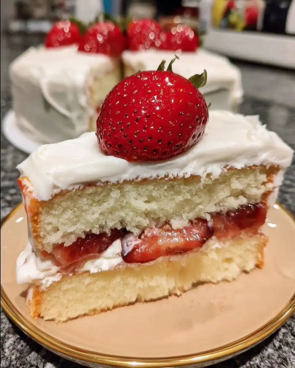 Whole strawberry vanilla cake on a cake stand outdoors