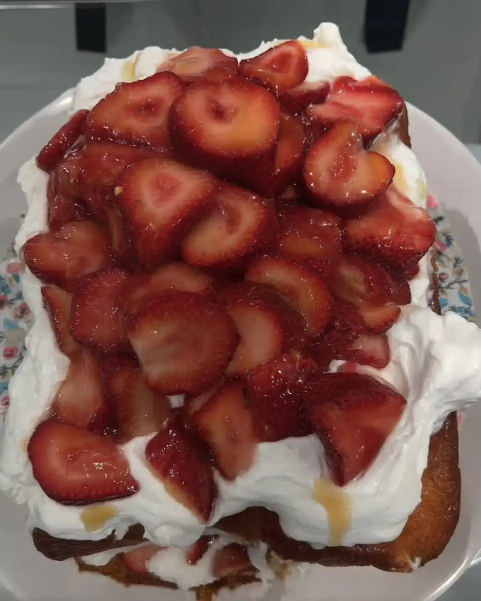Strawberry poke cake on a serving platter with sweet tea