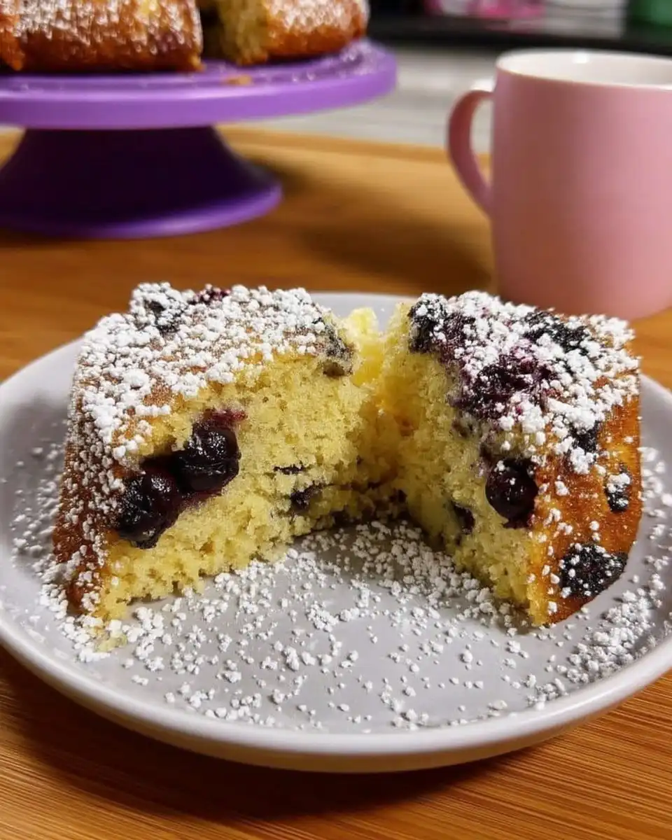 Slice of blueberry coffee cake showing moist crumb and berries
