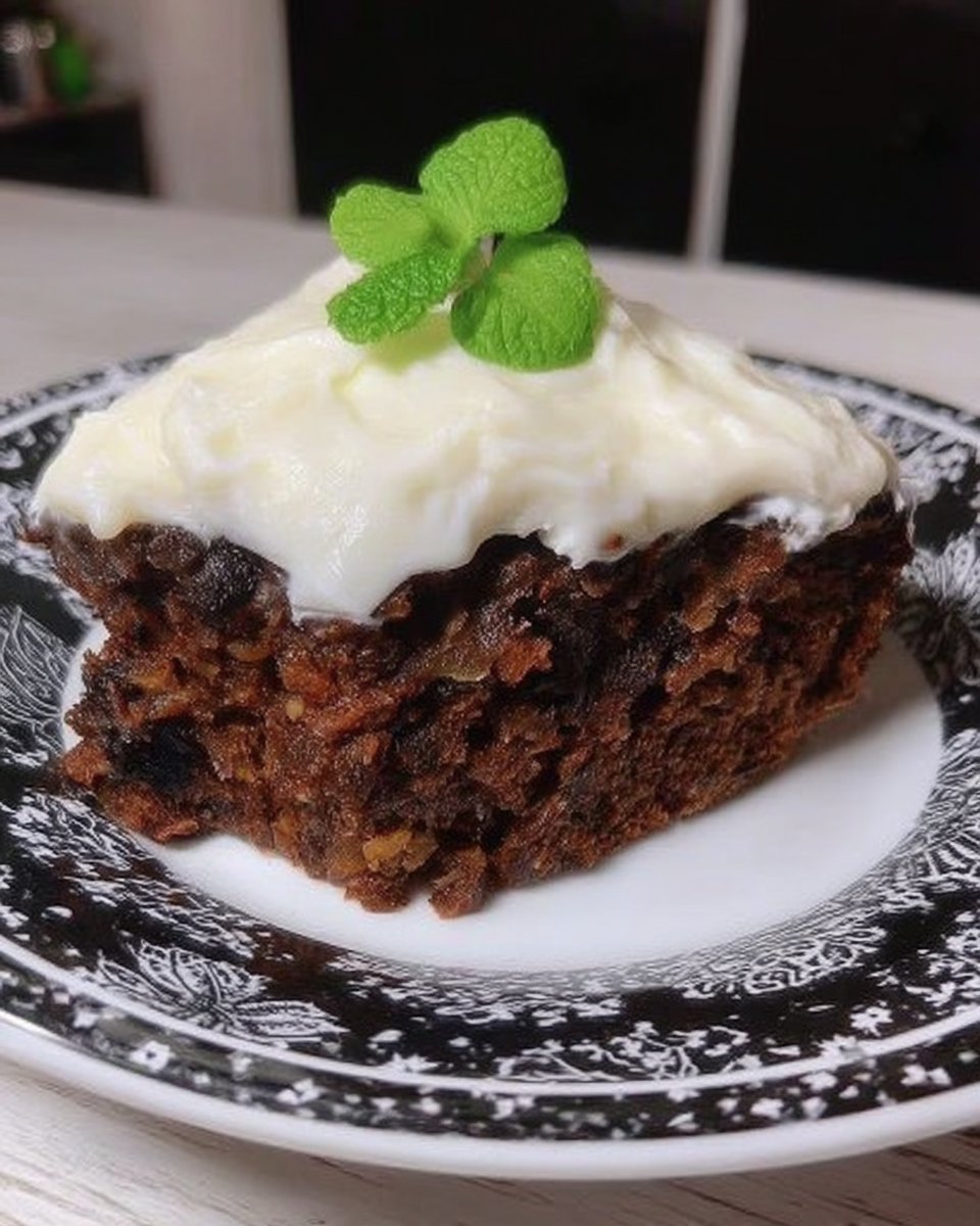 Slice of tomato soup cake on a rustic farmhouse plate