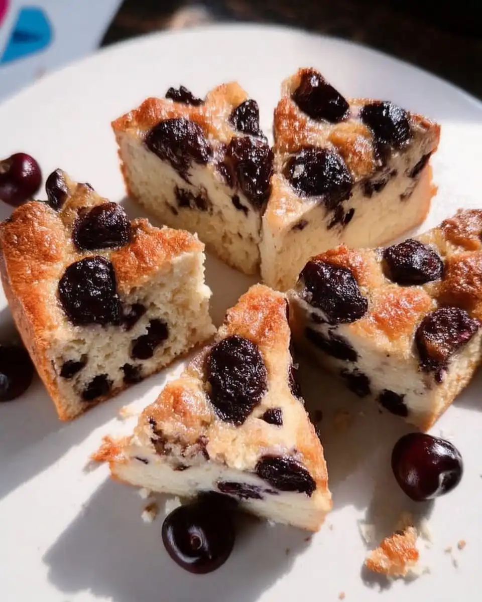 Slice of moist cherry cake served on a white plate with a fork