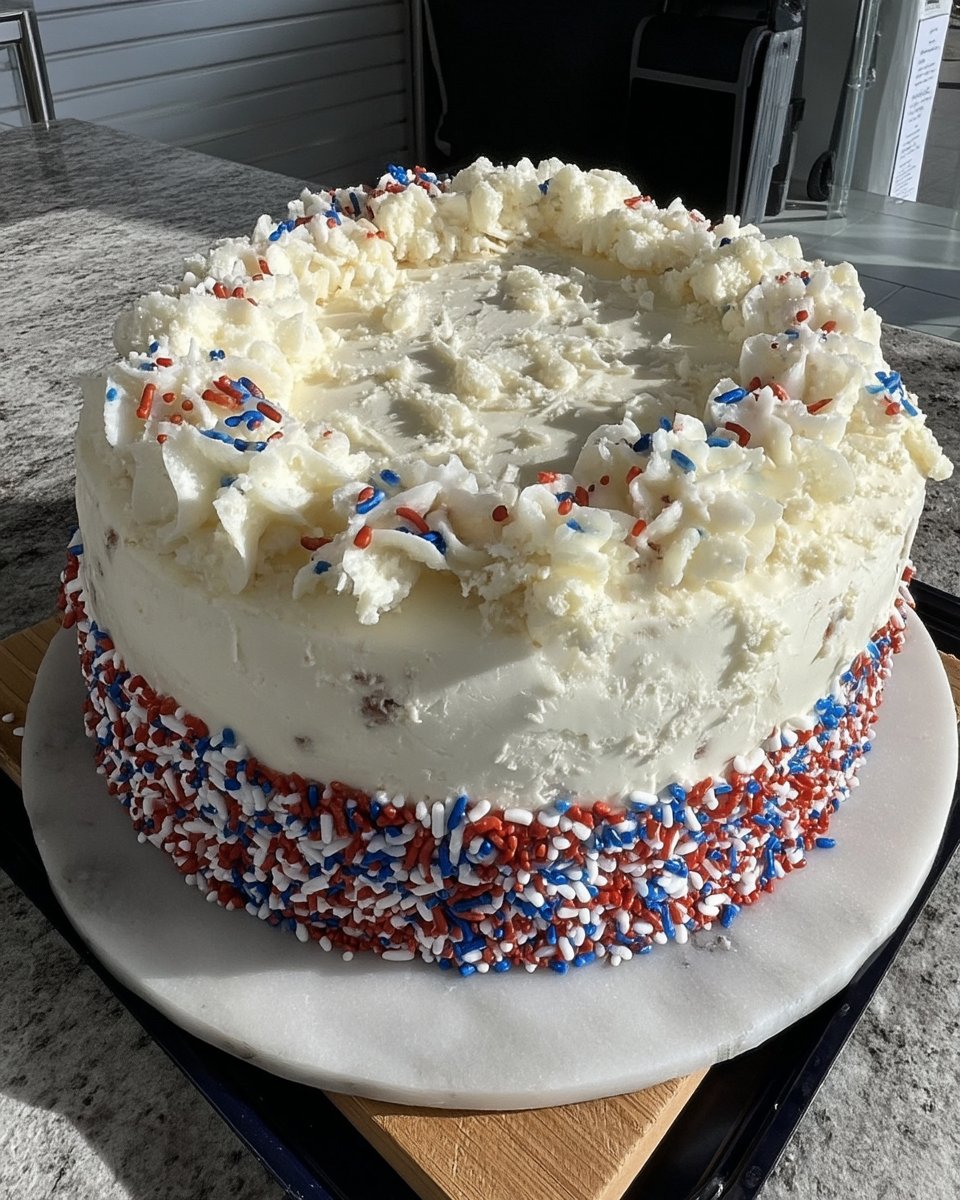Slice of flag cake with berries on a white plate