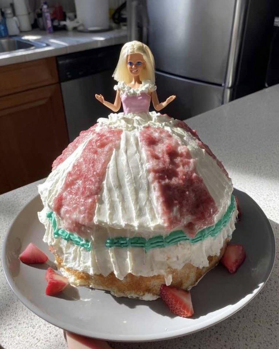 Slice of yellow cake with pink frosting on a plate