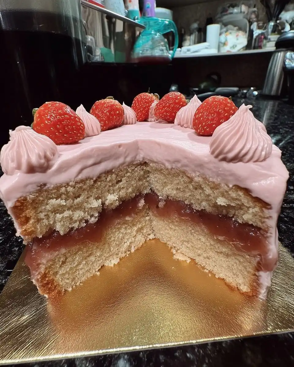 Slice of vanilla cake with pink strawberry frosting