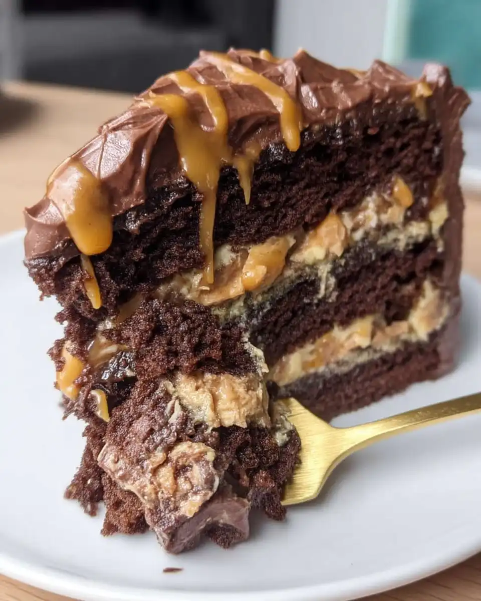 Slice of snickers cake showing layers of caramel and cream