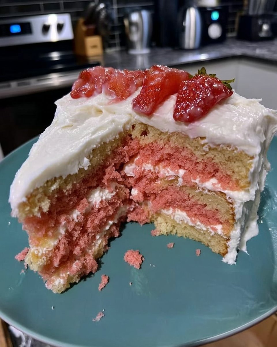 Strawberry Cake 14 A generous slice of moist strawberry cake served on a dessert plate with a fork