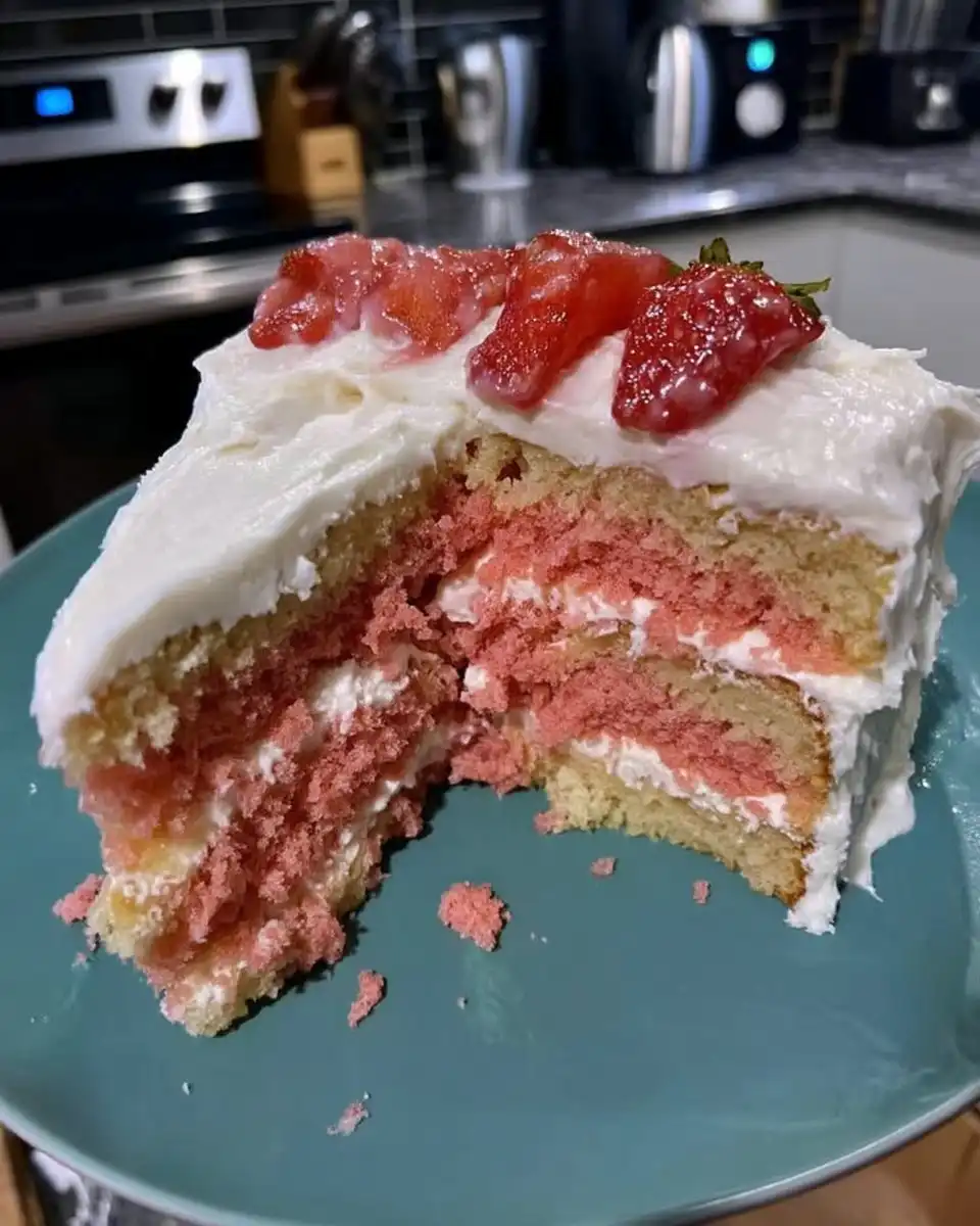 A generous slice of moist strawberry cake served on a dessert plate with a fork