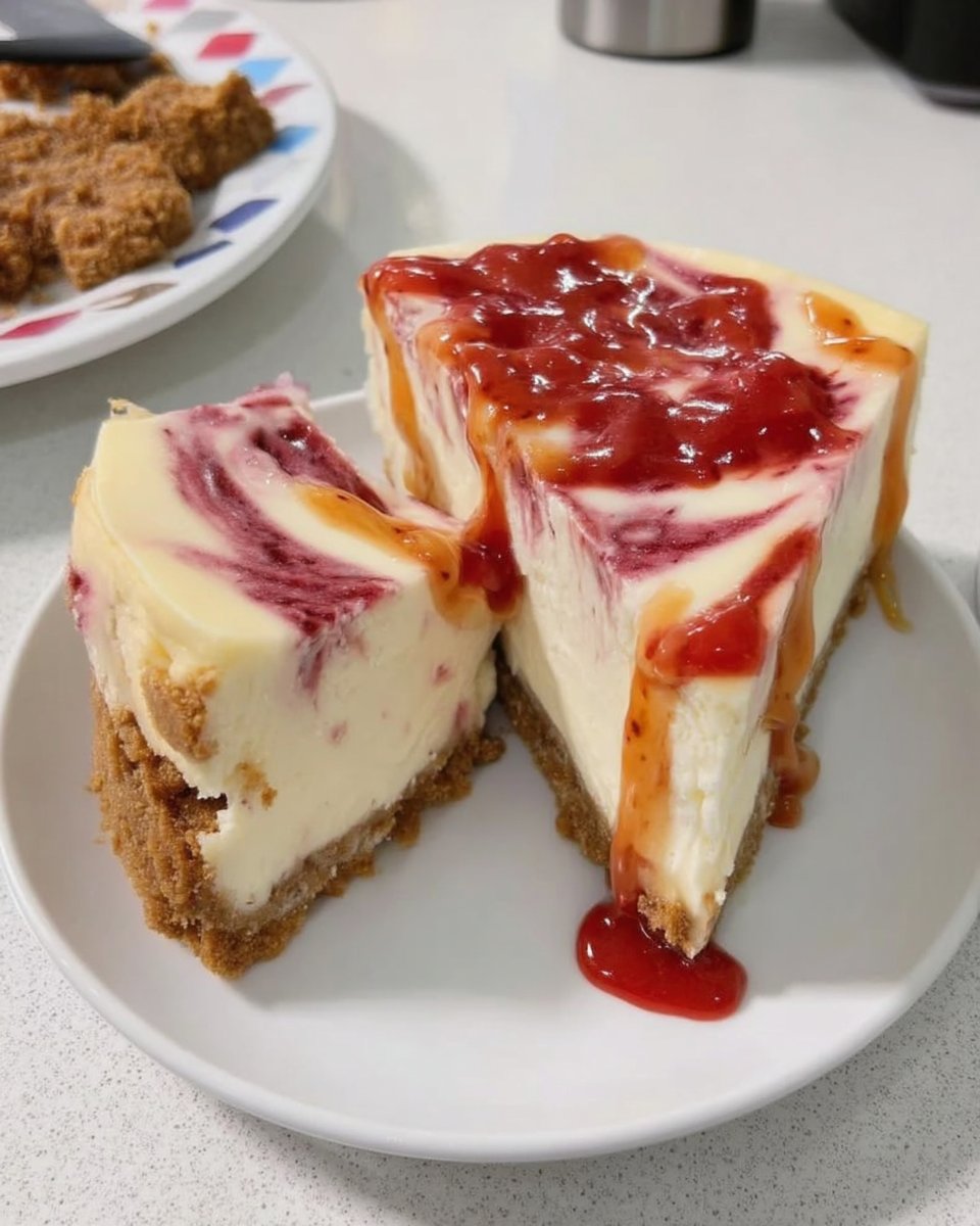Slice of strawberry cheesecake on a white plate with fork