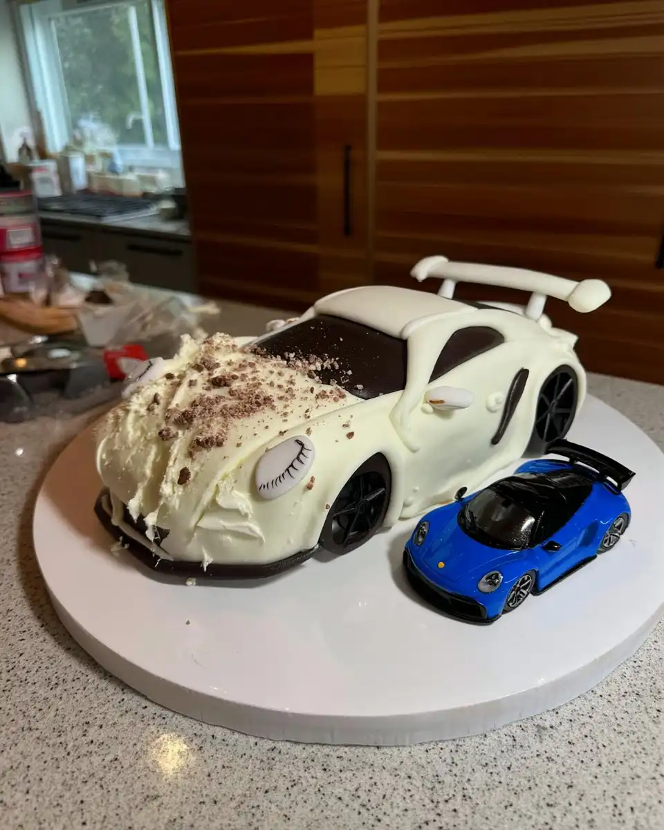 Slice of car cake showing tight crumb texture