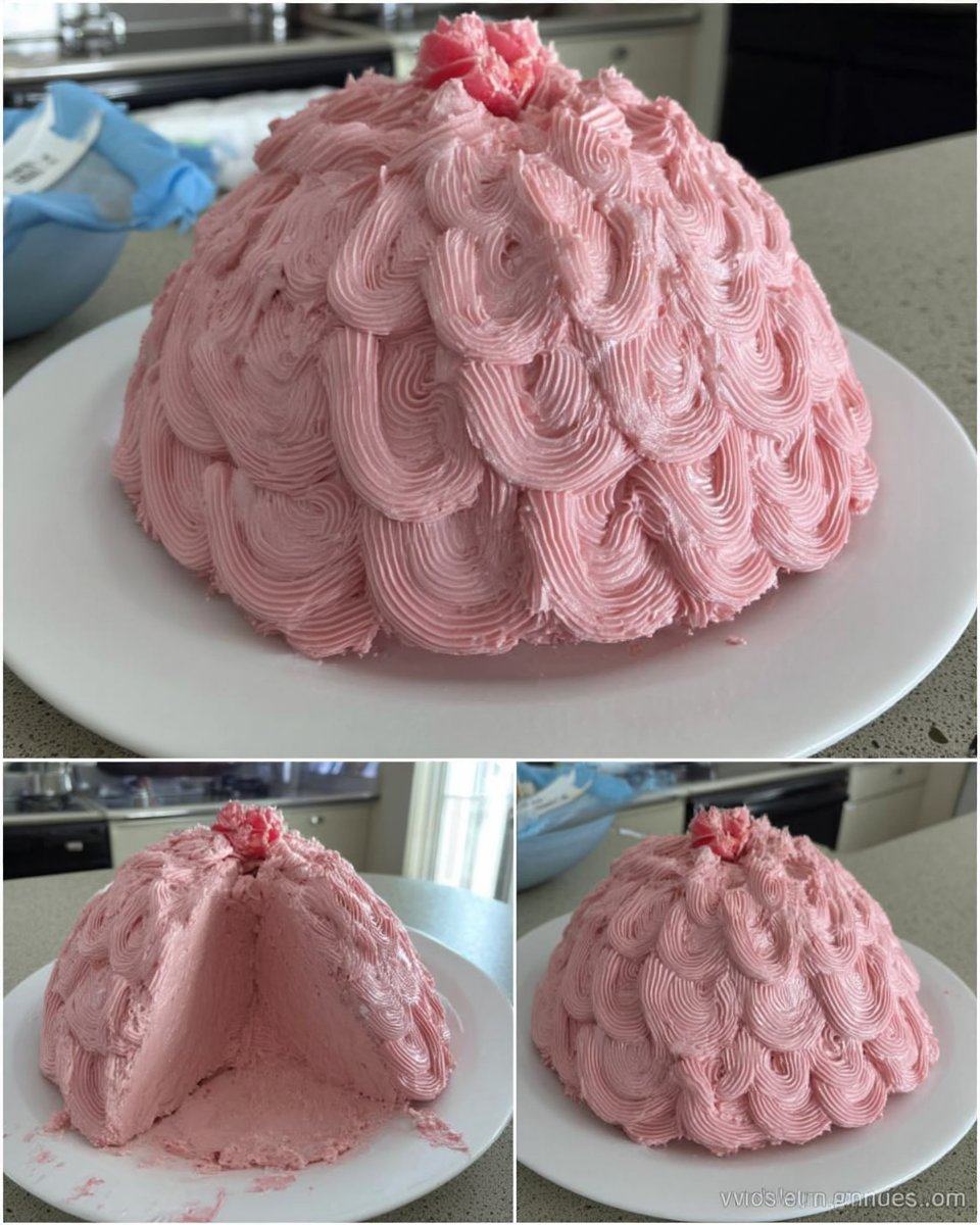 Sliced doll cake showing pink sponge layers