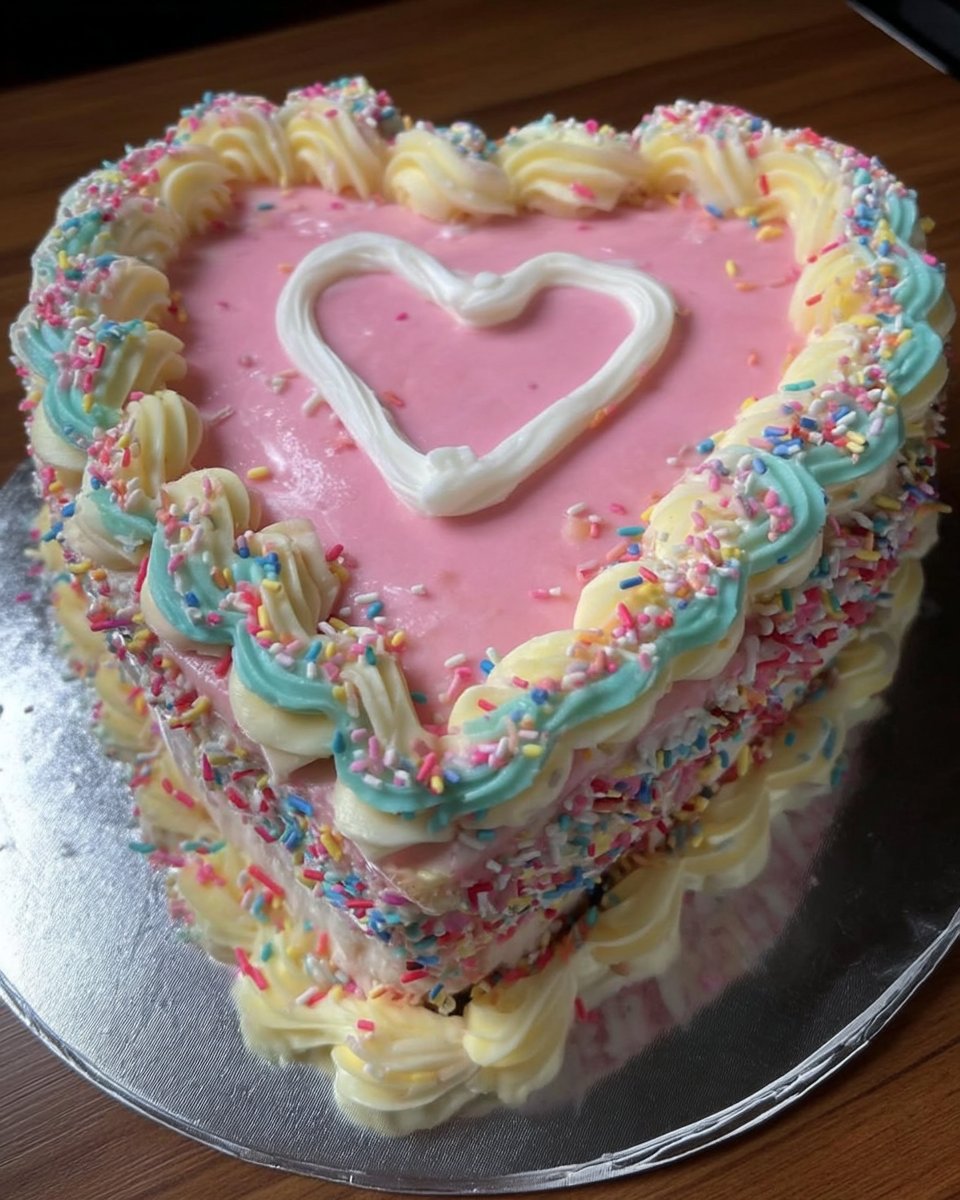 Slice of yellow heart cake with pink frosting on a white plate