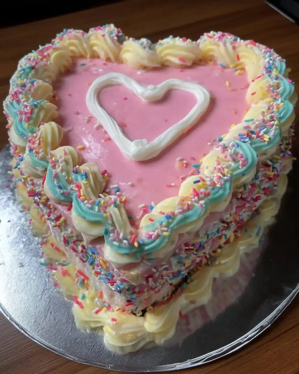 Slice of yellow heart cake with pink frosting on a white plate