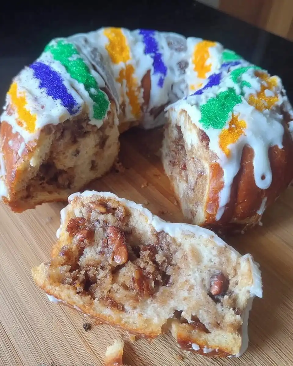Slice of king cake served with a hot cup of coffee
