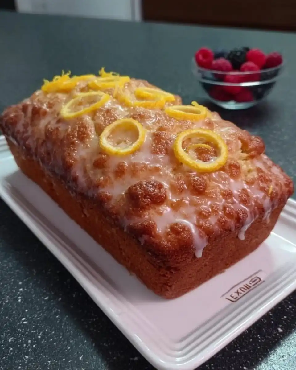 Slice of lemon drizzle cake on a plate with a cup of tea