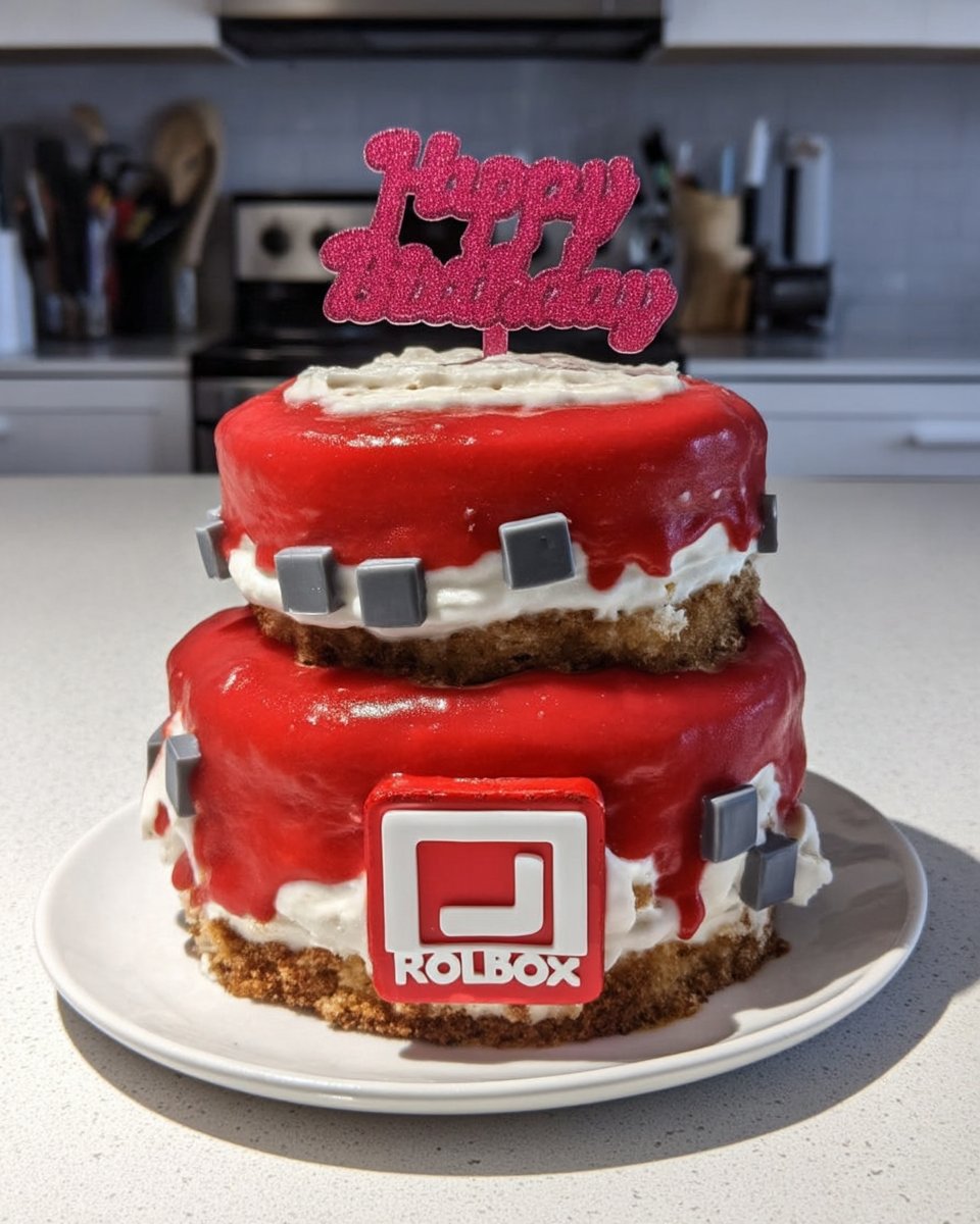 A slice of roblox cake on a white square plate