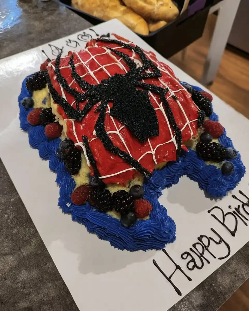 Spider Man Cake 14 A slice of Spider Man cake on a plate showing the interior crumb