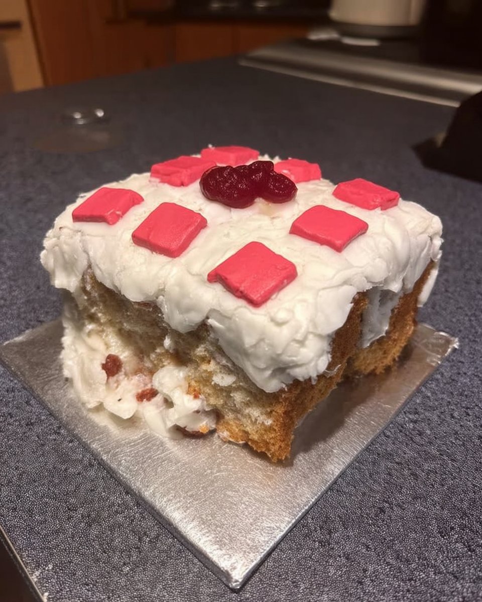 Sliced square chocolate cake with cherry jam filling