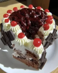 Slice of Black Forest Cake with cherries and whipped cream on a plate