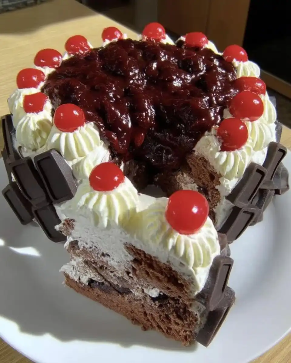 Black Forest Cake 10 Slice of Black Forest Cake with cherries and whipped cream on a plate