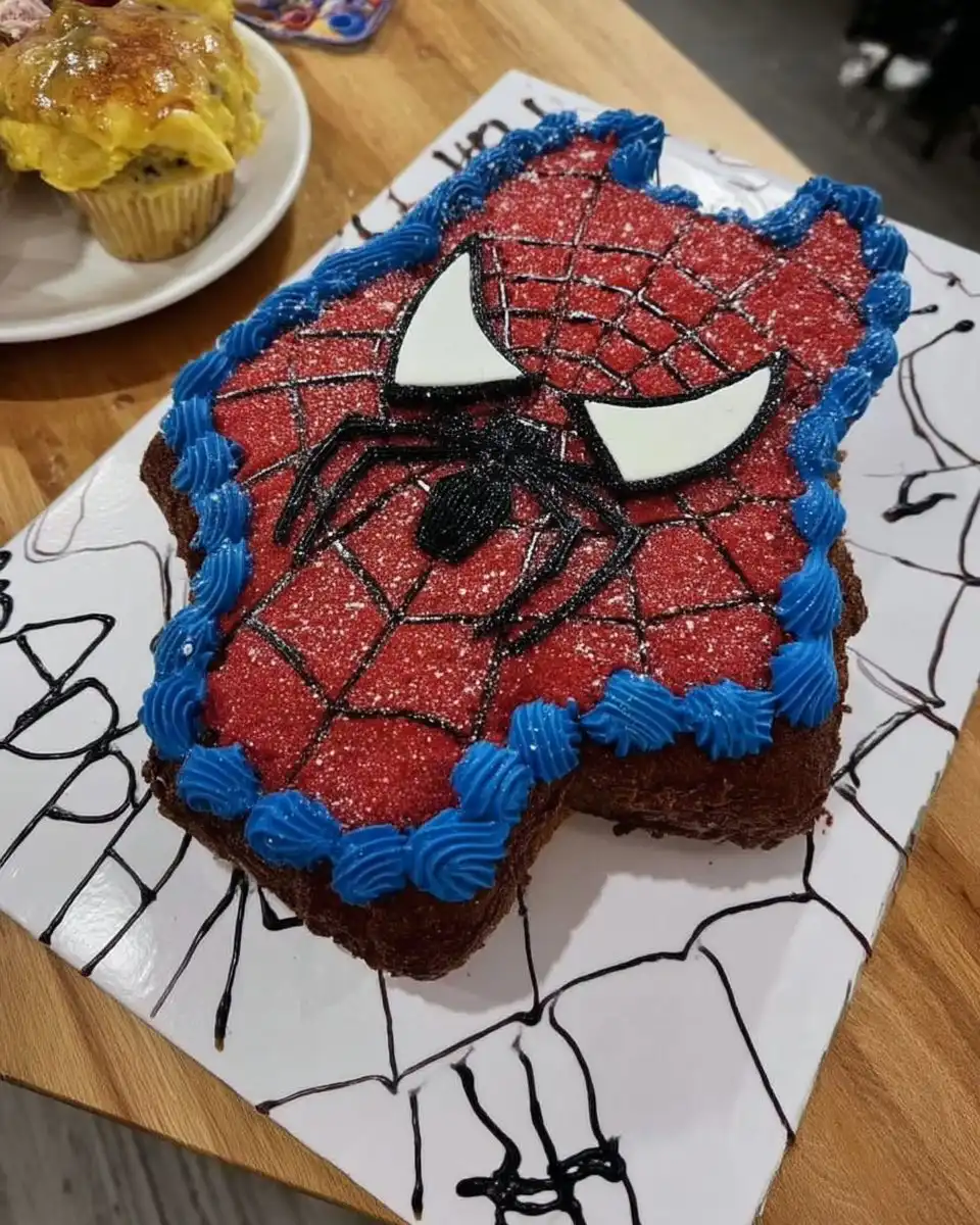 Spider Man Cake 10 Spider Man cake shaped like a mask with red fondant and webbing details
