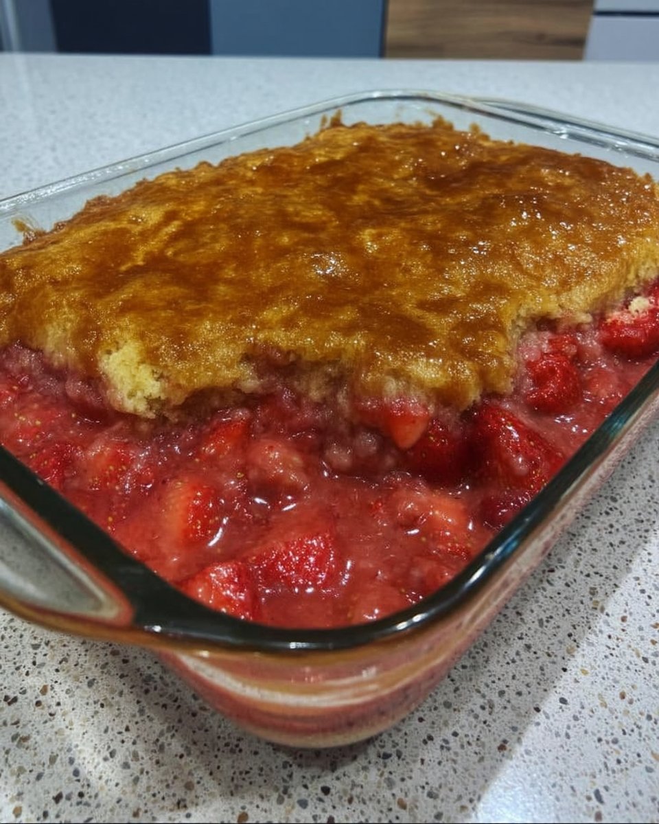 Ingredients for strawberry cake including fresh berries butter and flour