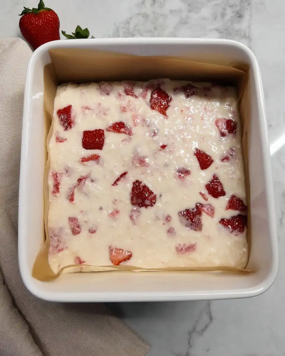 White cake mix strawberry jello and fresh strawberries on a table