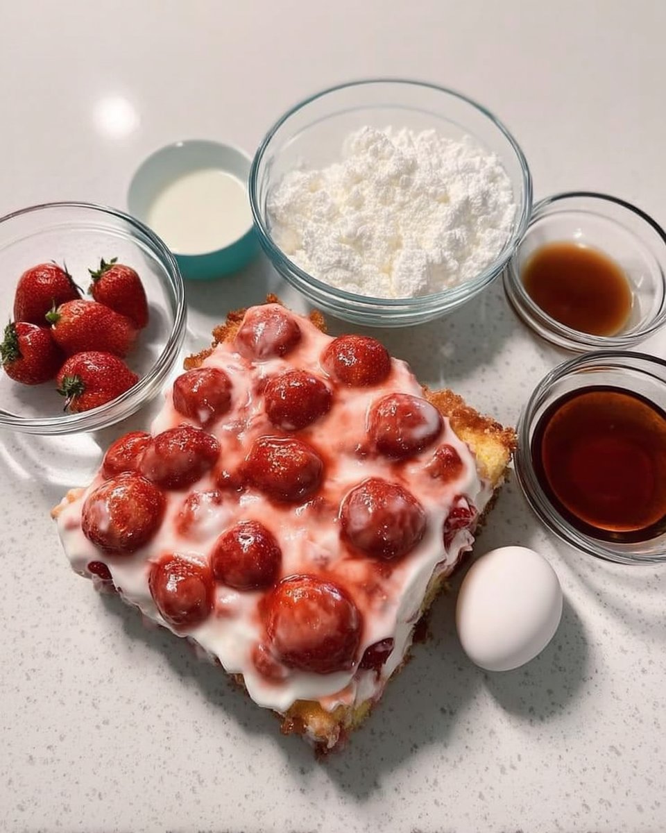 Ingredients for strawberry tres leches including cake mix and canned milks