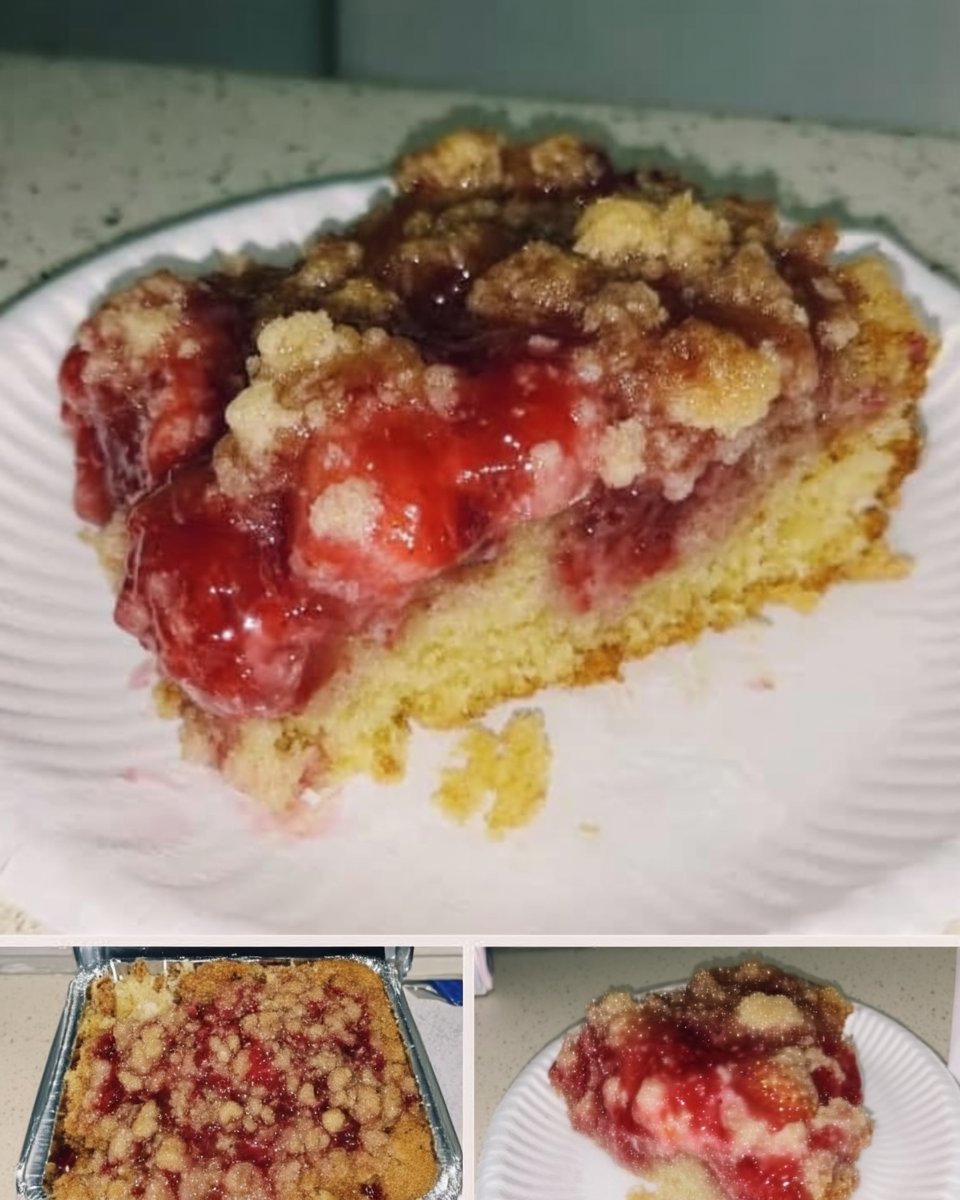 Overhead shot of flour sugar eggs oil strawberries and rhubarb