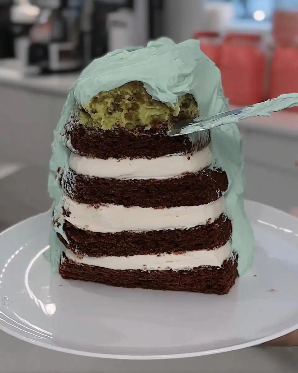 Ingredients for tsunami cake including cake layers cream and candy melts