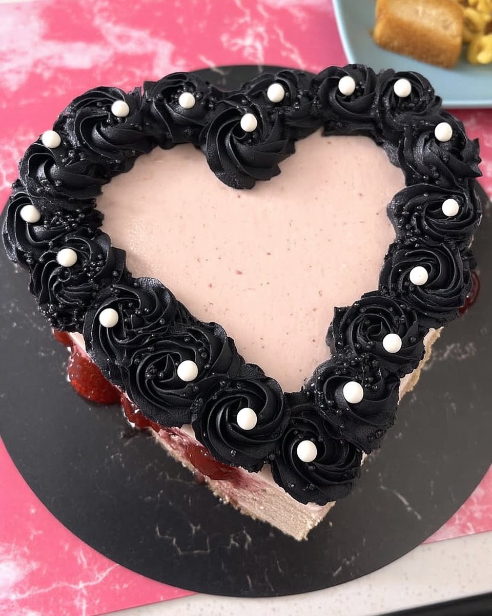 Valentine cake assembled from square and round cakes with pink frosting
