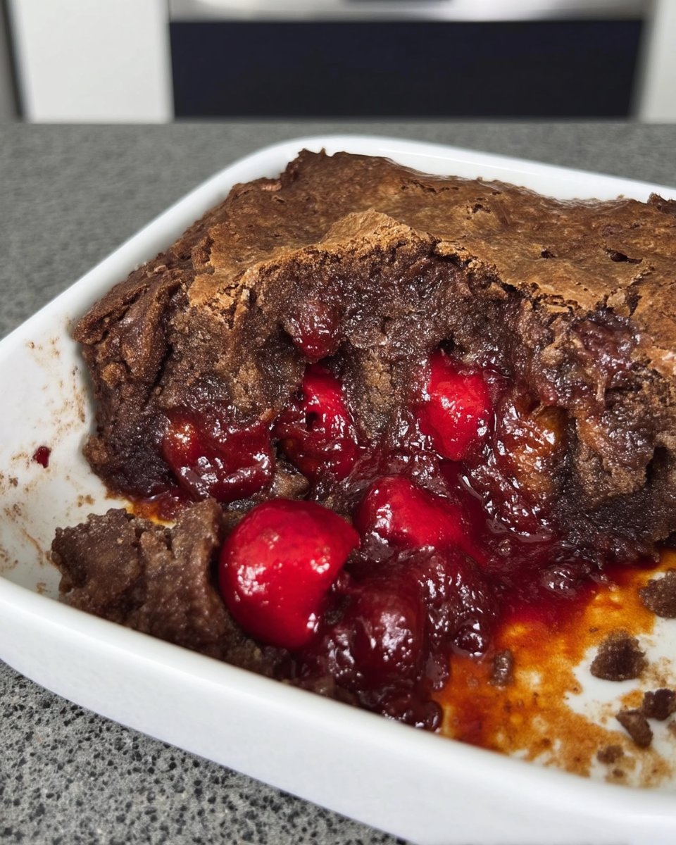warm dump cake topped with melting vanilla ice cream