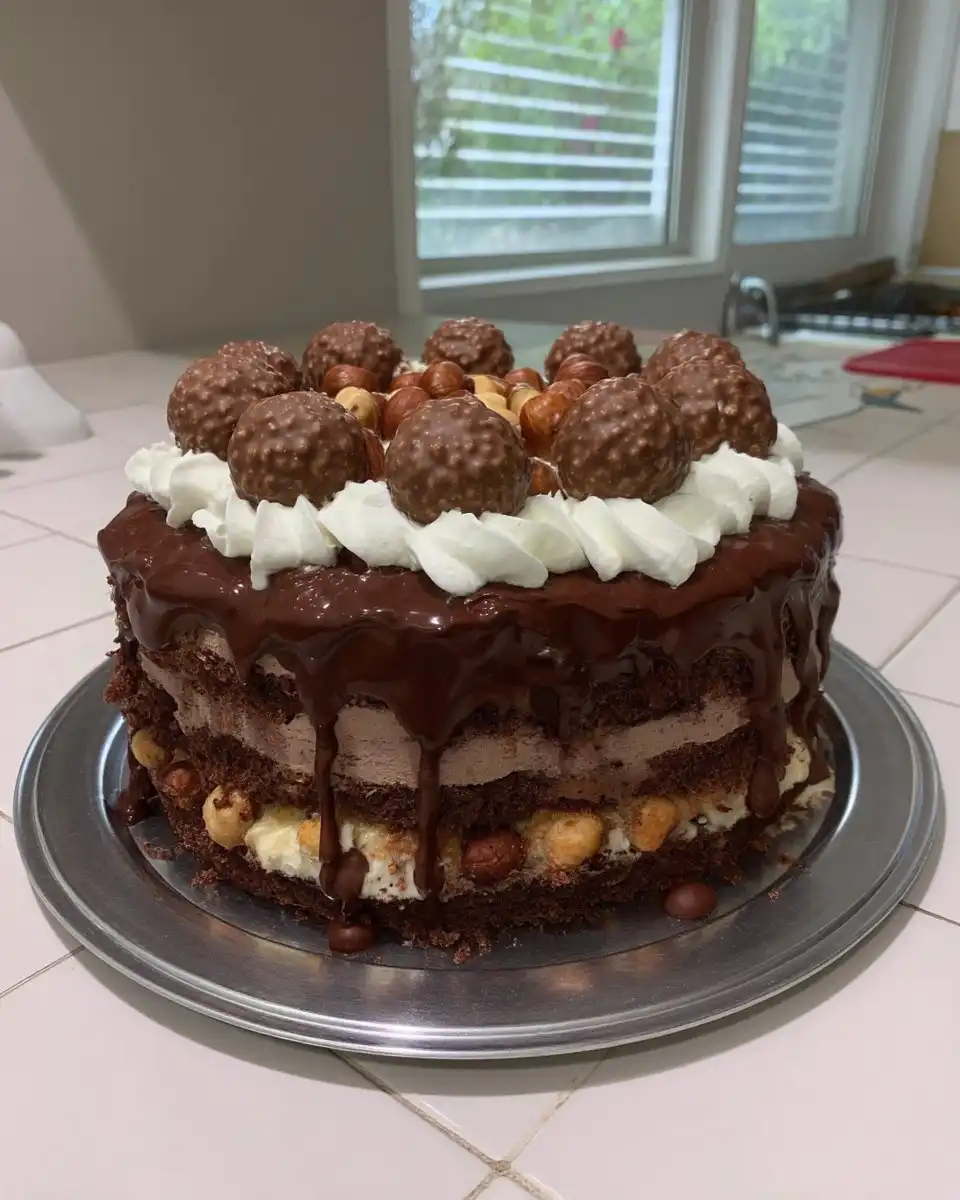 Whole Ferrero Rocher cake on a rustic wooden stand