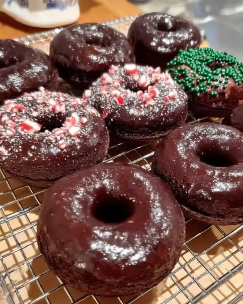 Whole peppermint chocolate cake on a white cake stand with ganache drip