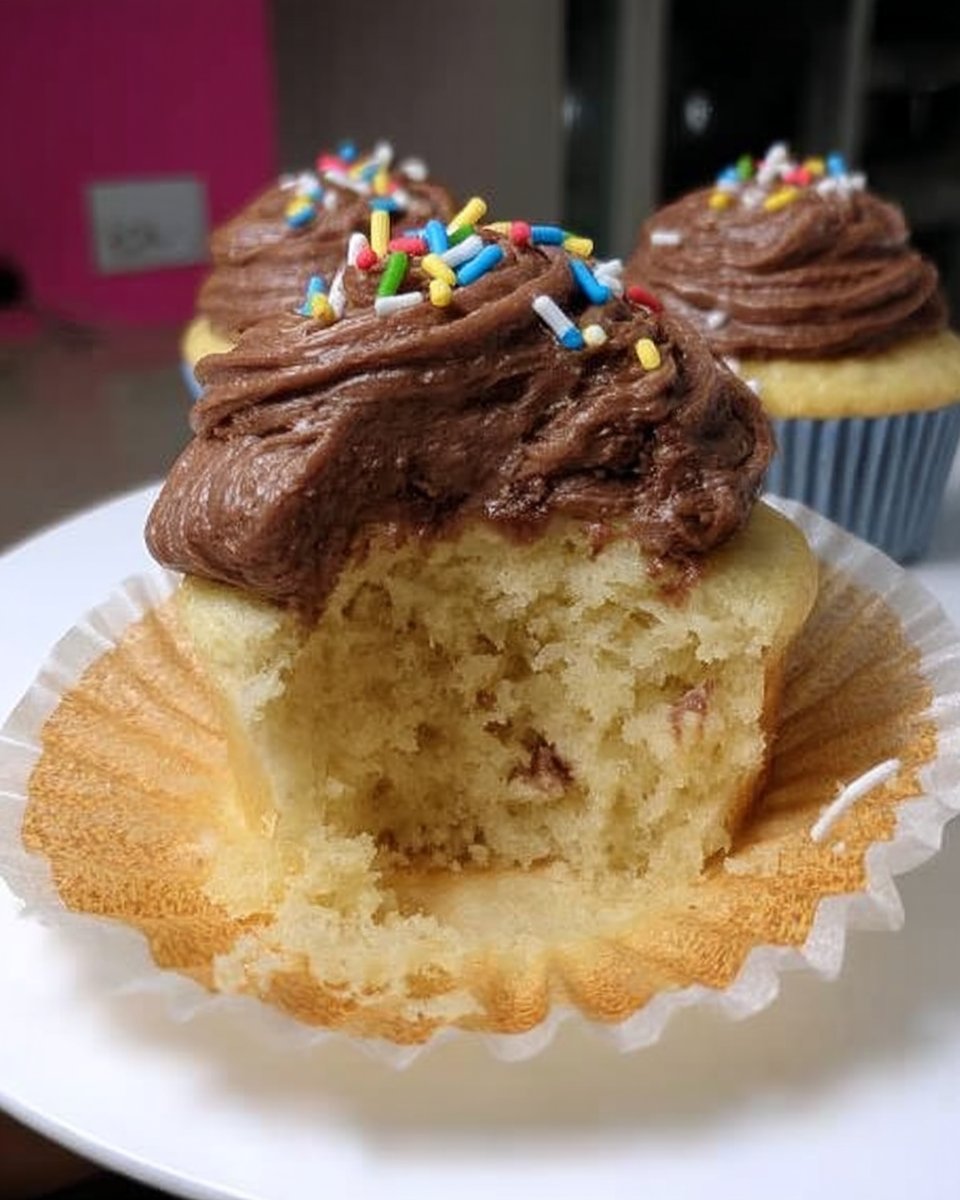 slice of yellow cake with chocolate frosting showing moist crumb